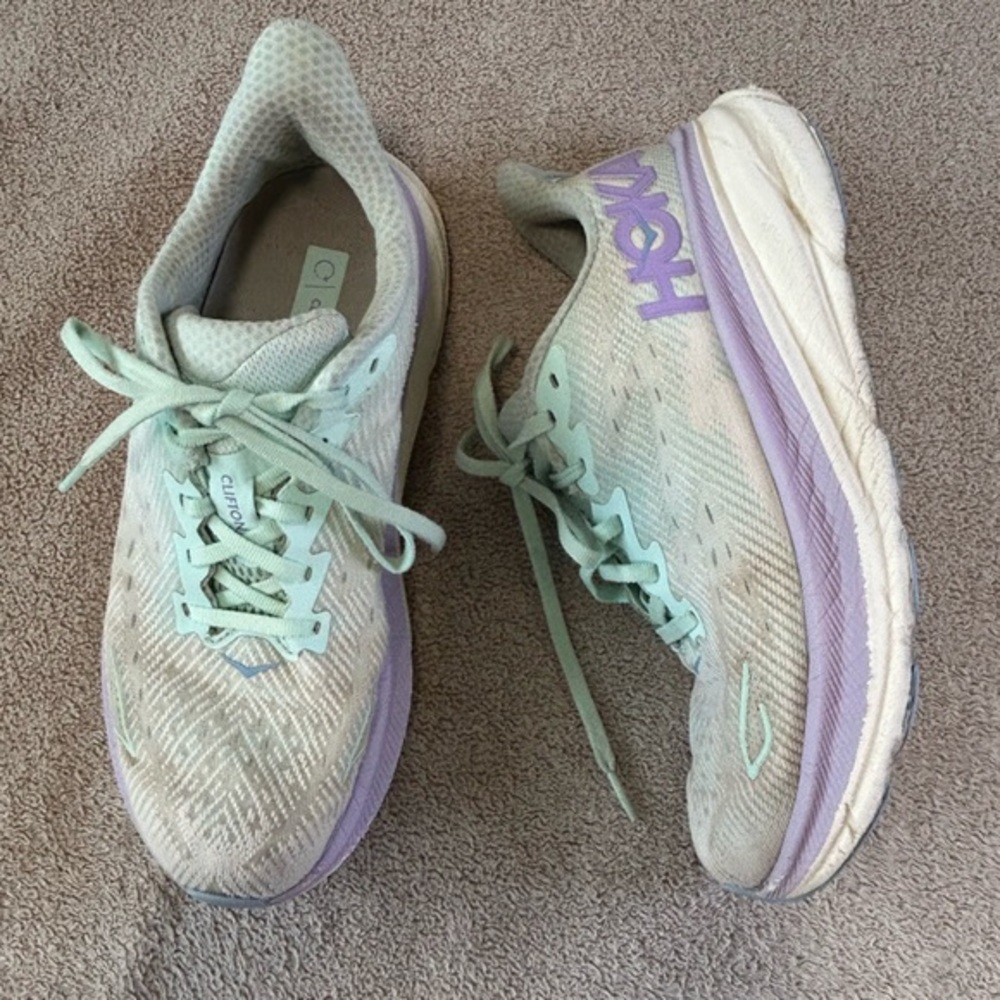 Hoka Women's Mint and Purple Athletic Shoes Clifton size 8.5